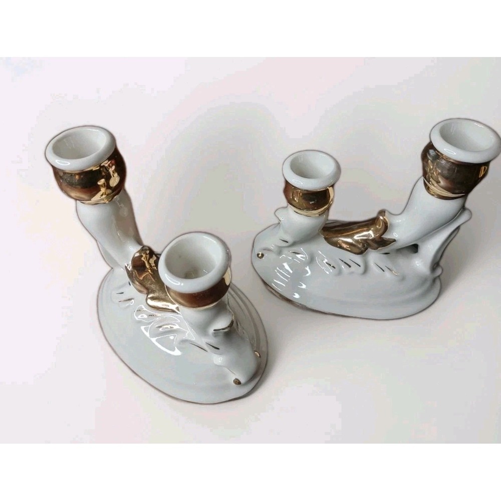 Vintage Porcelain Double Candle Holders White Gold Trim Pair Elegant Decor